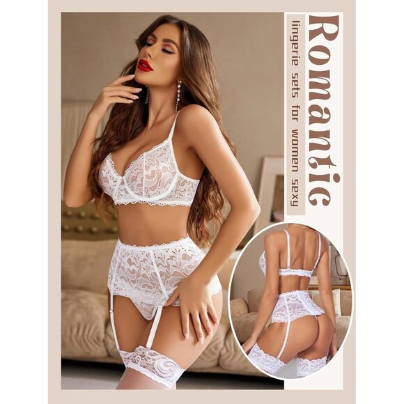 Women White Lingerie Set High Waisted Underwire Lingerie With Garter Belt Lace - Picture 3 of 6